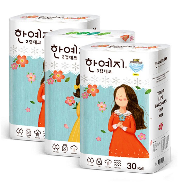 한예지 3겹 천연펄프 데코 화장지 27m, 30롤, 3팩