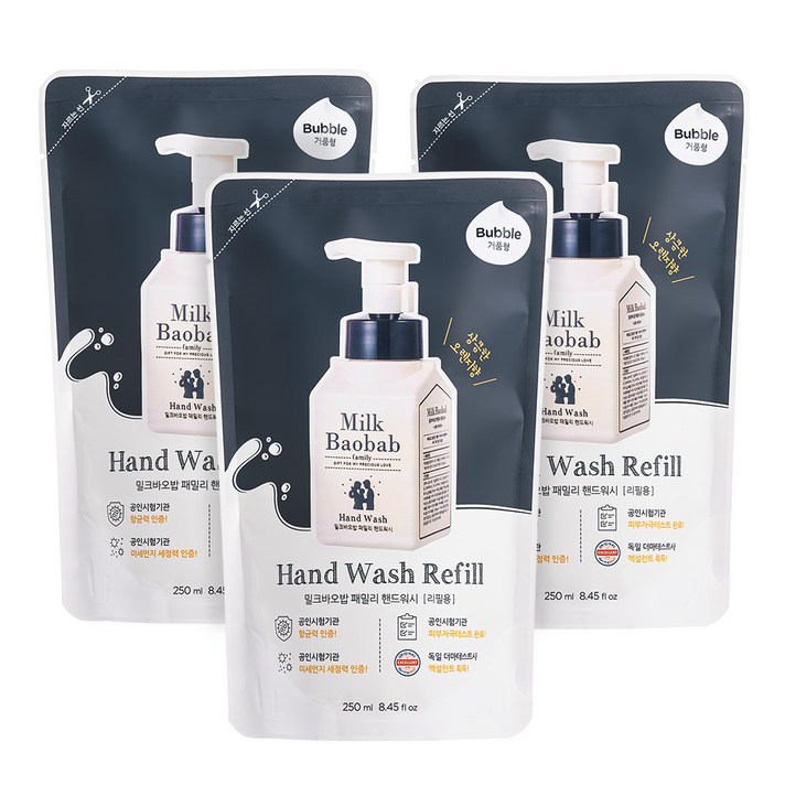 밀크바오밥 패밀리 핸드워시 상큼한오렌지껍질향 리필, 250ml, 3개