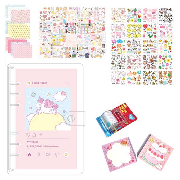 크리스탈팬시 35000 다이어리 꾸미기 인스 36p + 인스모조지 72p + 랩핑지 4종 10p + 떡메모지 2p + 6공다이어리 + 디자인테이프, 랜덤발송, 1세트