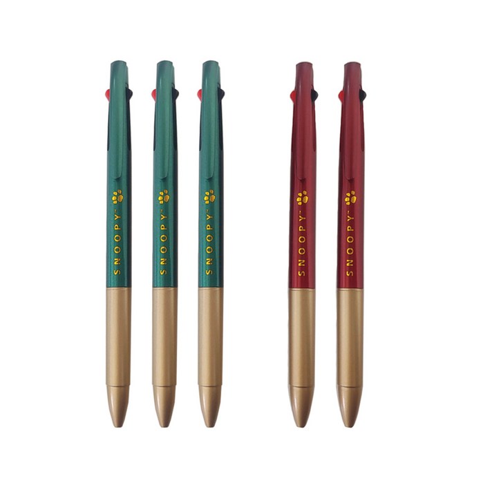 피너츠 스누피 발자국 3색 볼펜 0.38mm 5p, 그린, 레드, 1세트