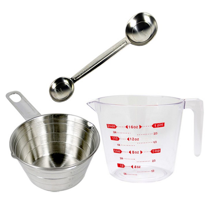 스텐 롱계량스푼 + 투명 계량컵 500ml + 스텐 계량컵, 혼합색상