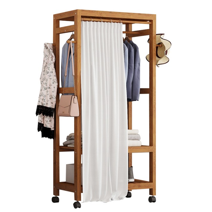 가팡 원목 이동식 이동 옷걸이 행거 + 커튼 70, 월넛