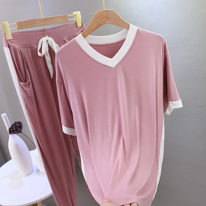 모달 스레드 캐주얼 임산부 파자마 반팔 티셔츠 + 긴바지 세트