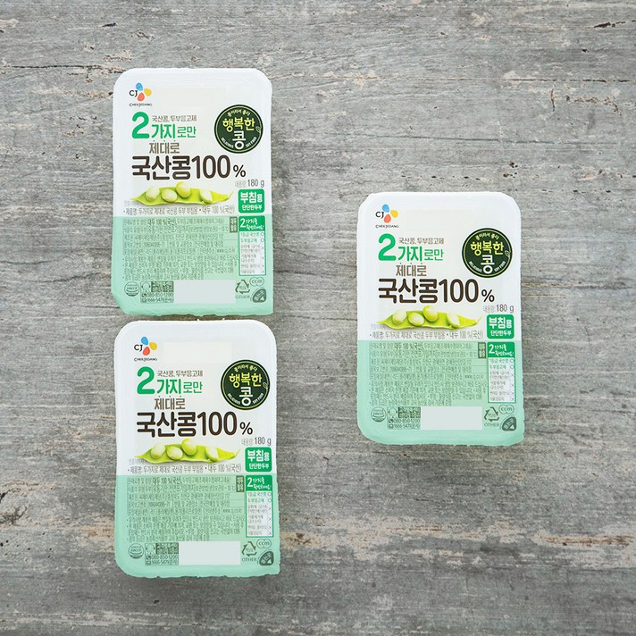 행복한콩 두부 국산콩 100퍼센트 두부 부침용, 180g, 3개