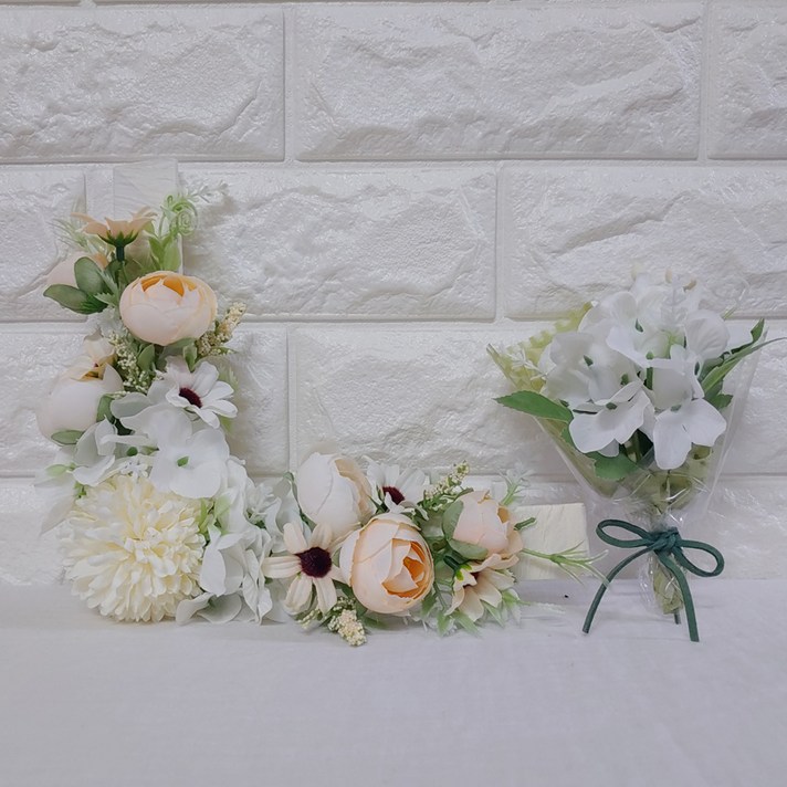 조화 볼국화 리스 + 꽃다발 세트, 화이트