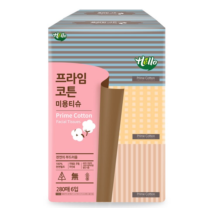 헬로 천연펄프 프라임 코튼 미용티슈 280매, 6개입, 1개