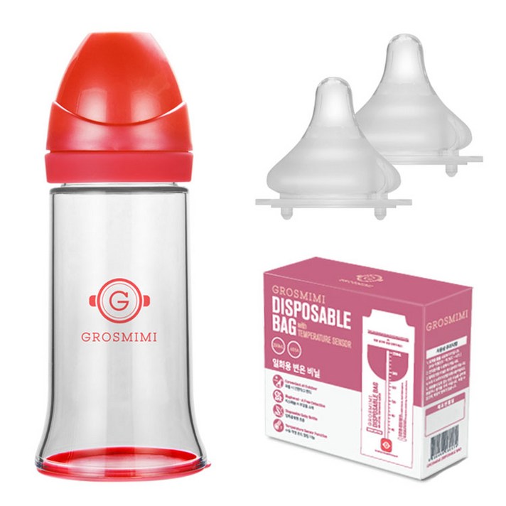 그로미미 일회용 젖병 2단계 250ml + 젖꼭지 2p + 비닐팩 60p + 일회용 변온 비닐팩 10p + 실리콘 이너보틀, 레드, 1세트