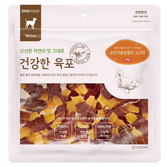 굿데이 건강한육포 반려견간식 300g, 오리가슴살말이 고구마, 1개