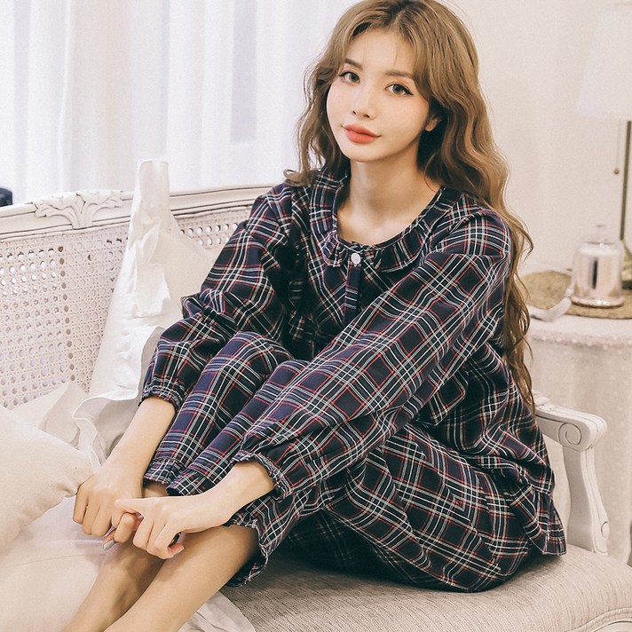 버블돌 나잇나잇 프릴 체크 투피스 긴팔 잠옷