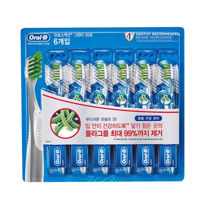 오랄비 크로스액션 그린티 35모 칫솔, 6개입, 1개