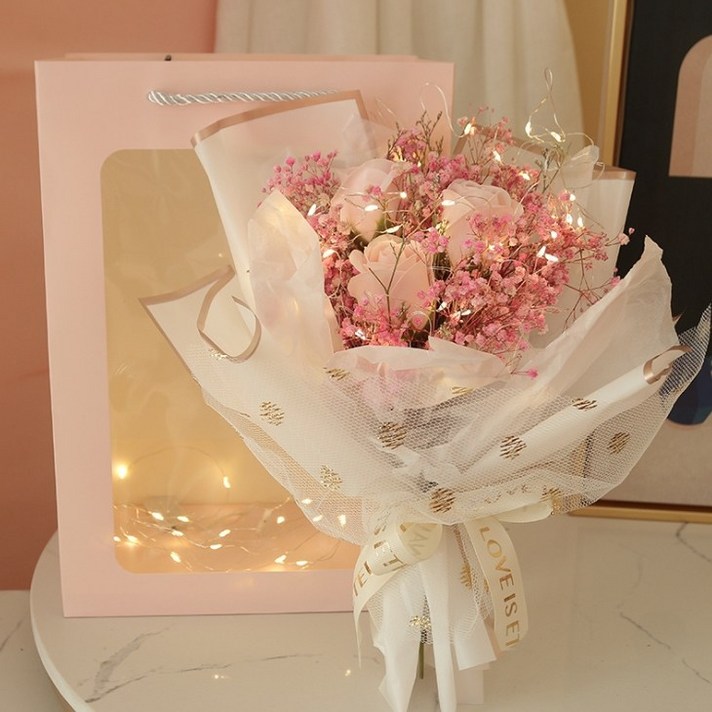 한솔 조화 라별 누눅 로맨틱 장미 안개꽃 LED 꽃다발, 핑크