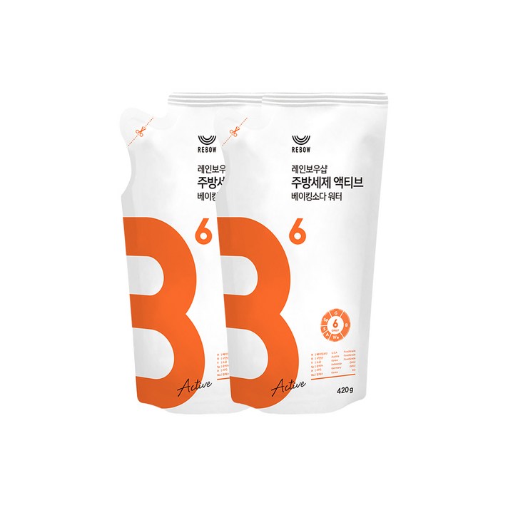레인보우샵 B6 베이킹소다 워터 주방세제 액티브 리필, 420g, 2개