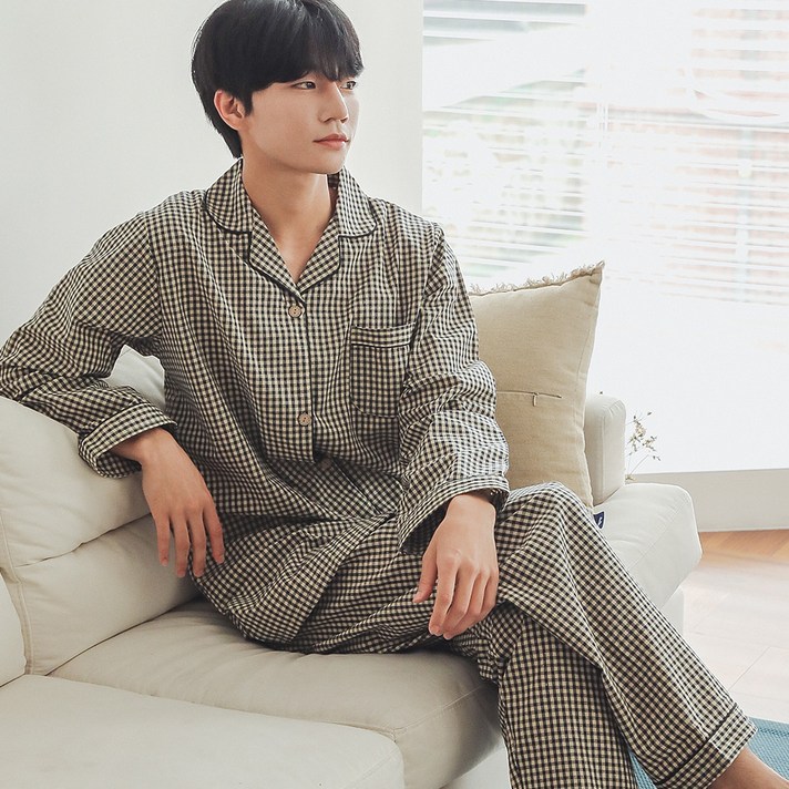 버블돌 커플용 스팅 체크 투피스 면 긴팔 잠옷 세트