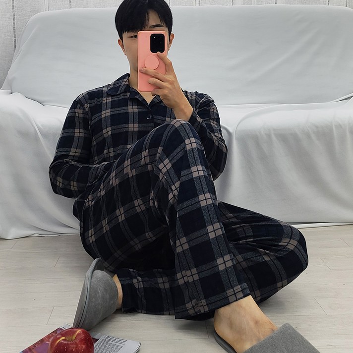 더블린 남성용 울트라스판 피치기모 카라 체크 잠옷 상하의 세트