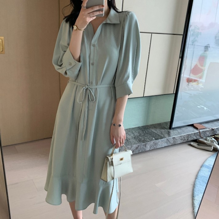 페이퍼먼츠 데일리 우아한 카라넥 프렌치 5부 반팔 셔츠 미디 원피스 00469