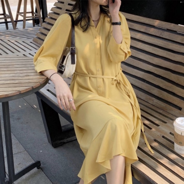 페이퍼먼츠 데일리 우아한 카라넥 프렌치 5부 반팔 셔츠 미디 원피스 00469
