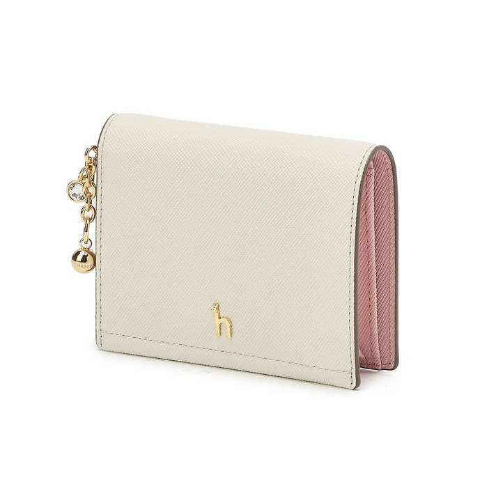 헤지스 ELLA 퍼피로고 버블참 장식 소가죽 반지갑 (핑크 안감 배색)