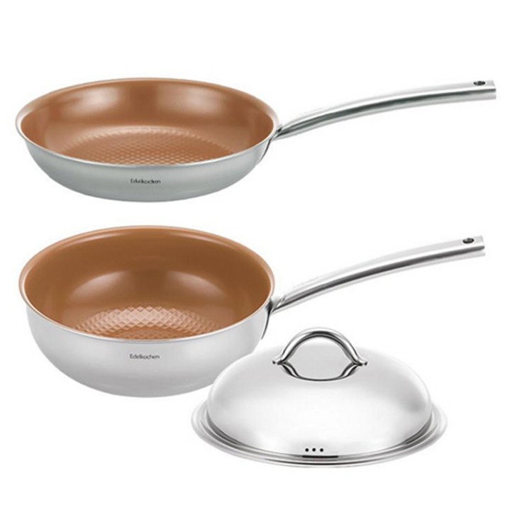 에델코첸 통3중 이지 프리즘 스텐 프라이팬 24cm + 웍팬 24cm + 웍팬 뚜껑 세트 3개, 혼합색상, 프라이팬 + 웍팬 + 웍팬 뚜껑