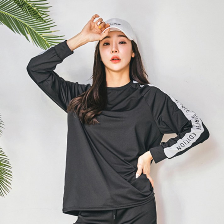 펀한커플 여성용 루즈핏 배색 래쉬가드 상의 B4205