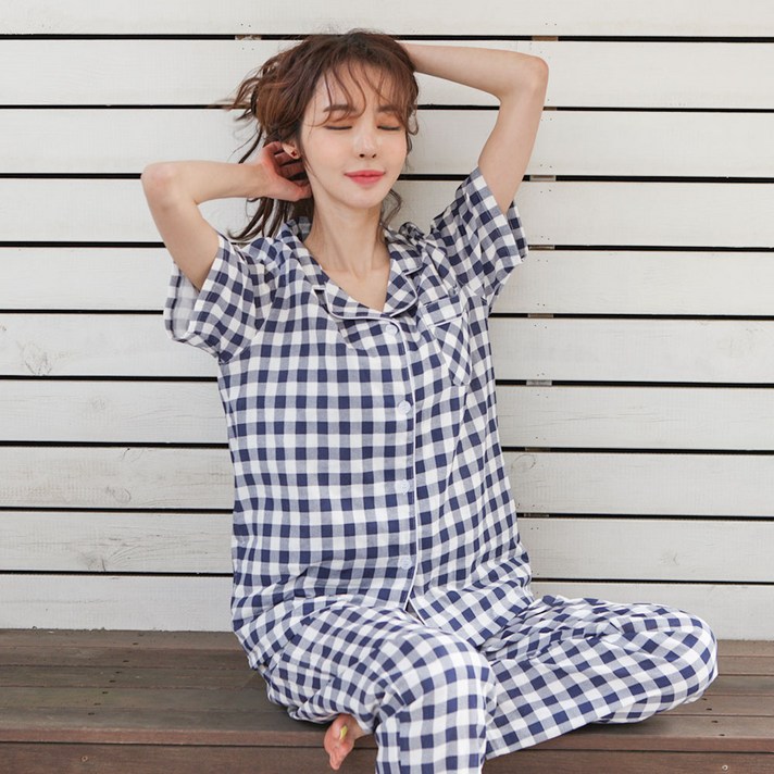 어나더디 여성용 모노체크 반팔 잠옷 상하의 세트