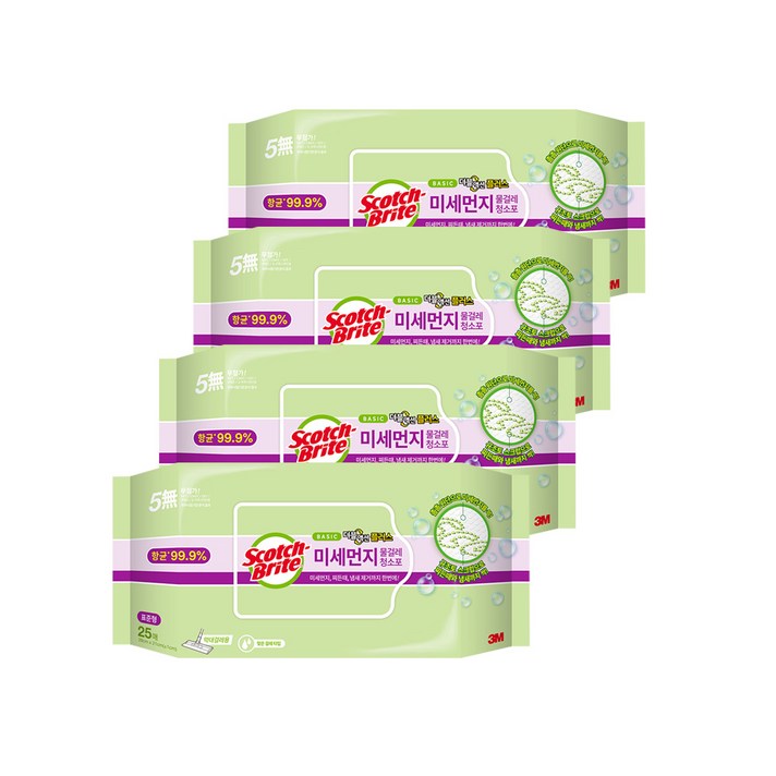 스카치브라이트 베이직 미세먼지 물걸레 더블액션 플러스 청소포 표준형 25p, 4개