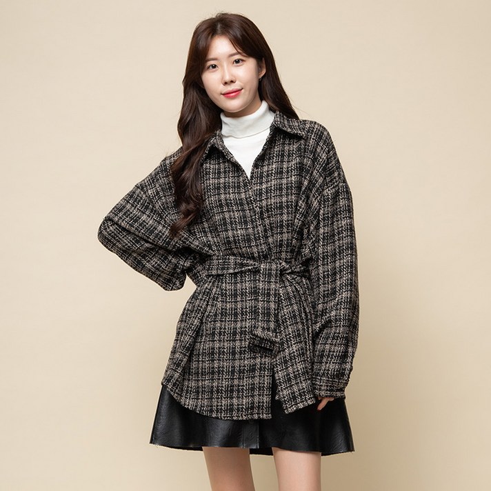 캐럿 여성 오버사이즈 트위드 벨트 자켓