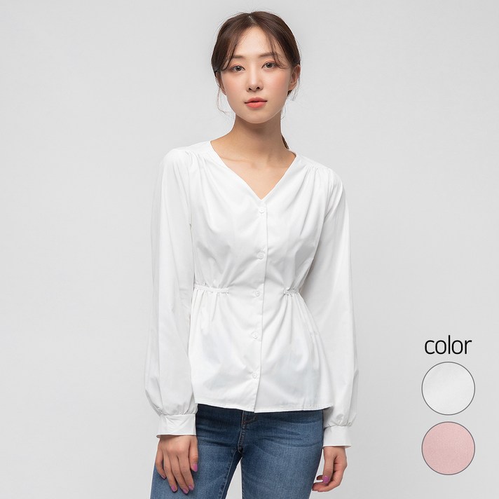 캐럿 여성용 허리 리본 셔링 블라우스