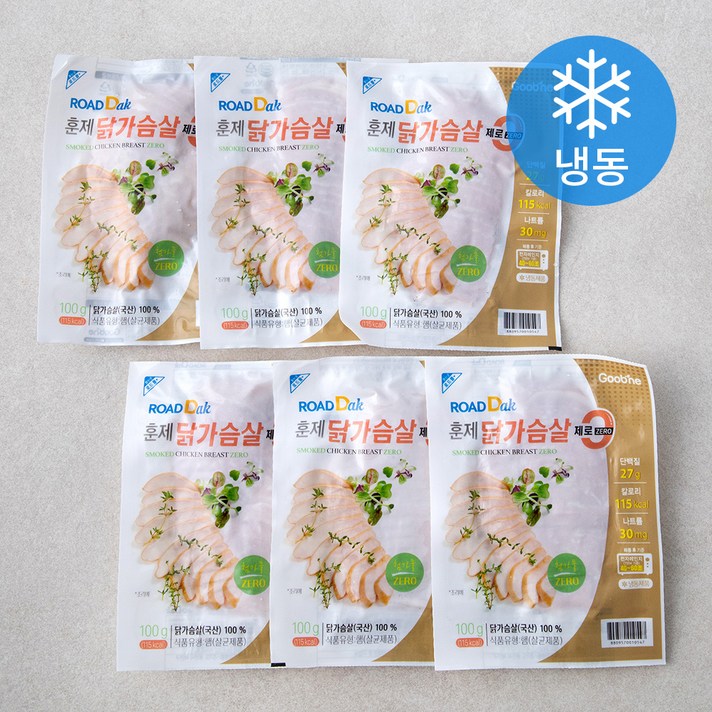 굽네 로드닭 훈제 닭가슴살 슬라이스 제로 (냉동), 100g, 6팩