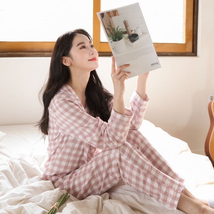 어나더디 여성용 모노체크 긴팔 잠옷 상하의 세트