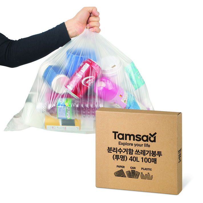 탐사 분리수거함 쓰레기용 투명 비닐 봉투, 40L, 100매