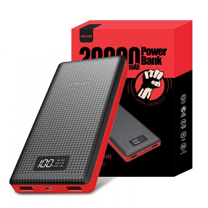 오호 20000mAh LED 듀얼 USB 충전포트 보조배터리, PW02, 블랙