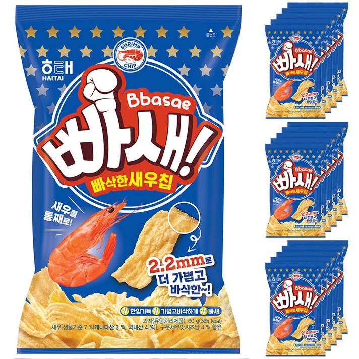 해태제과 빠새 빠삭한새우칩 스낵, 60g, 16개입