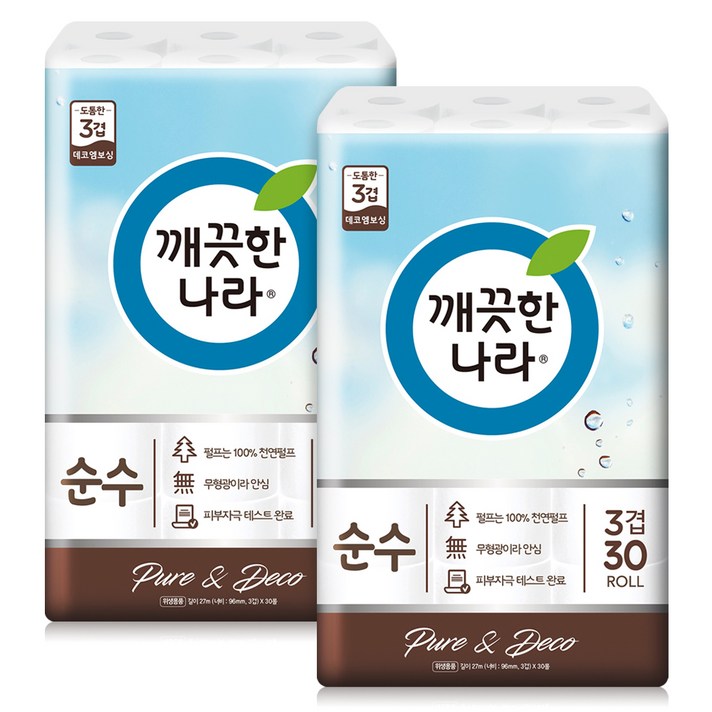 깨끗한나라 3겹순수 천연펄프 롤화장지 27 m, 30롤, 2개