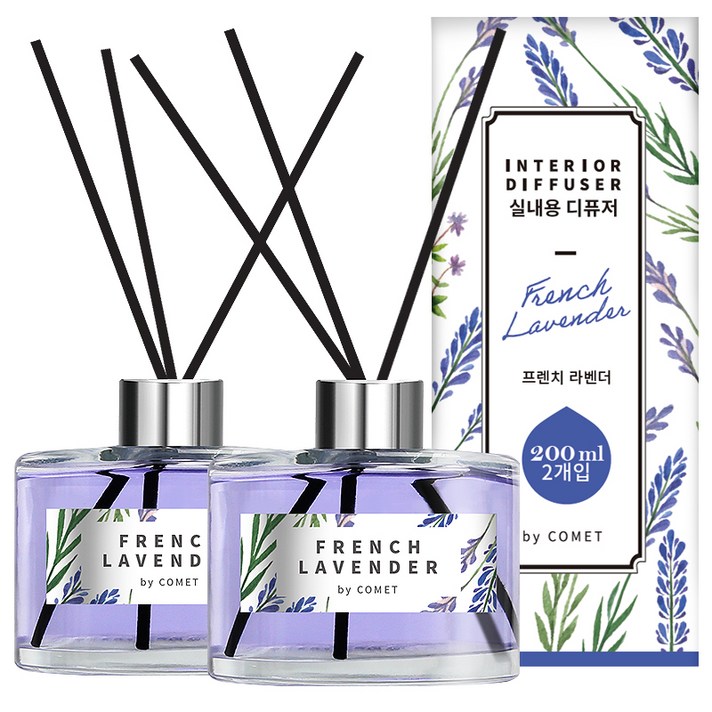 코멧 디퓨저 200ml 2개 + 섬유스틱 10개 세트, 프렌치 라벤더