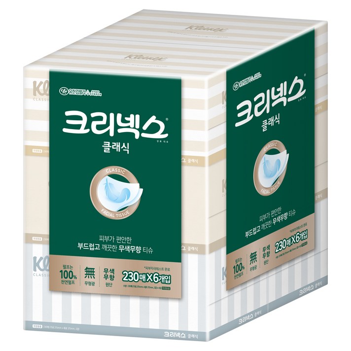 크리넥스 클래식 천연펄프 미용티슈 2겹, 6개입, 1개