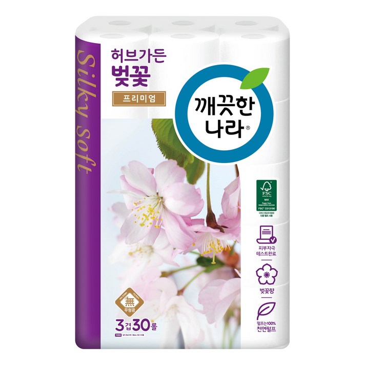 깨끗한나라 3겹 천연펄프 데코 허브가든 벚꽃 프리미엄 화장지 30m, 30롤, 1팩
