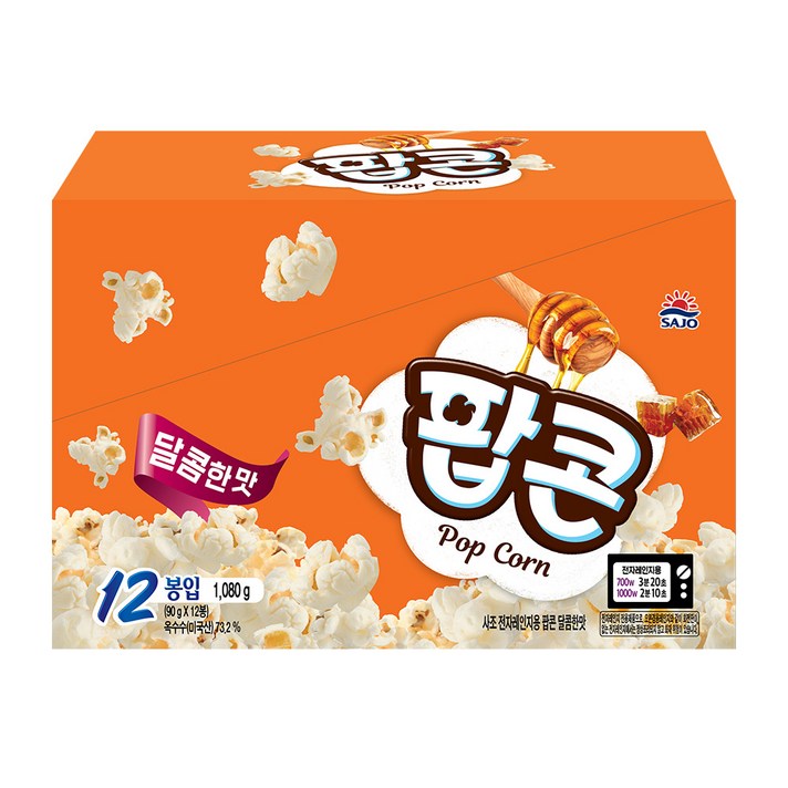 사조 전자레인지용 팝콘 달콤한맛, 90g, 12봉