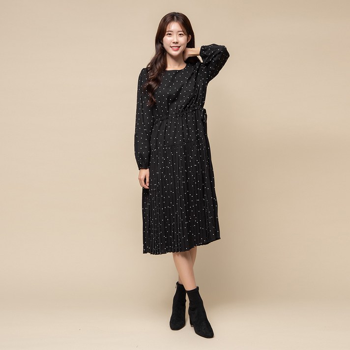 캐럿 여성 폴카닷 플리츠 원피스