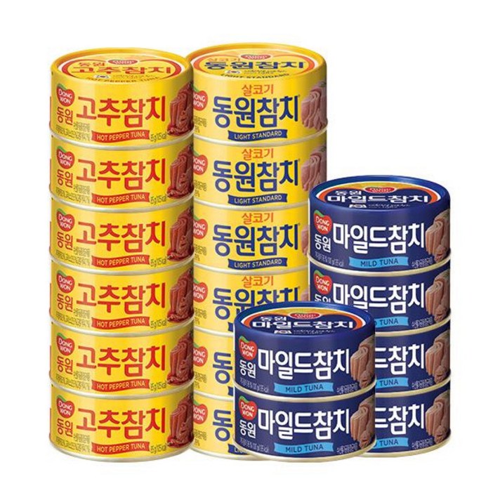 동원 마일드참치 + 라이트스탠다드참치 + 고추참치, 마일드참치100g x 6개 + 라이트스탠다드참치 85g x 6개 + 고추참치 85g x 6개, 1세트
