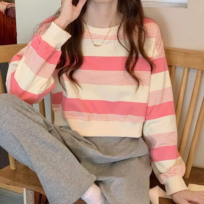 디멜디 여성용 소프트 스트라이프 데일리 긴팔 맨투맨