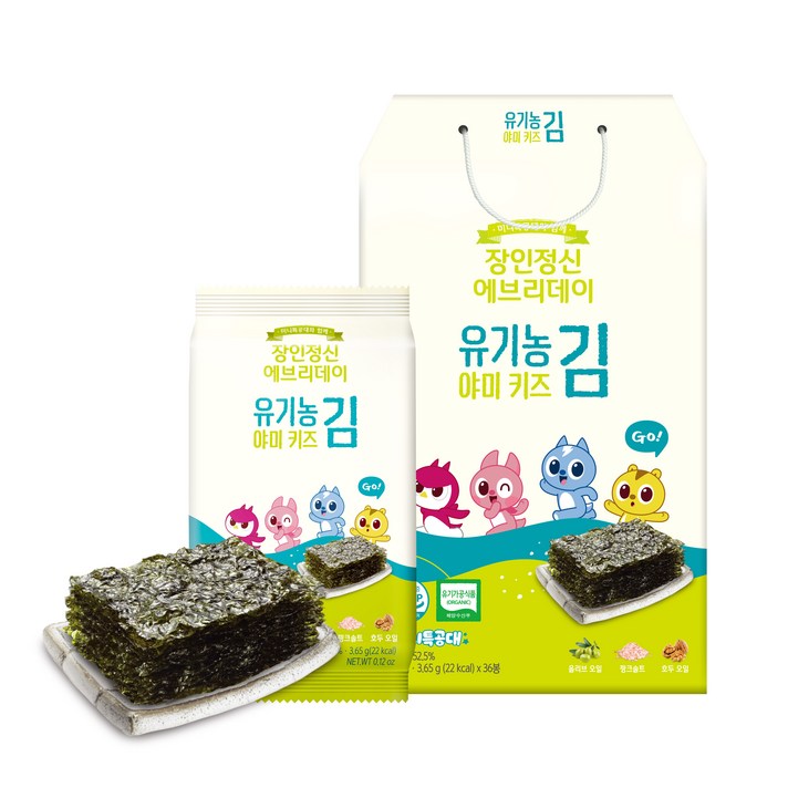 장인정신 에브리데이 미니특공대 유기농 야미키즈 김, 고소한맛, 36개