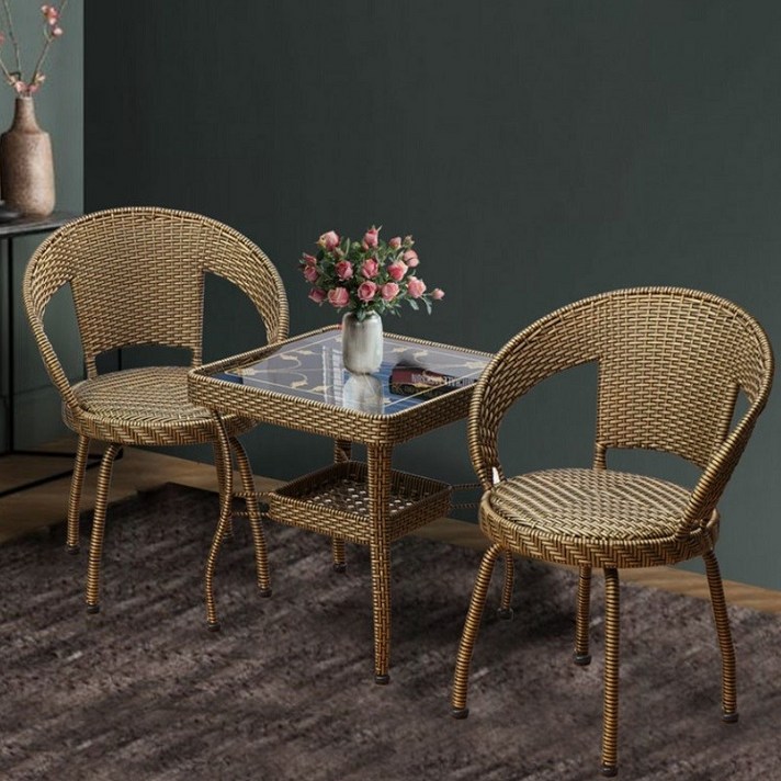 라탄 티테이블 세트 (테이블1+체어2) 카페 테이블, B