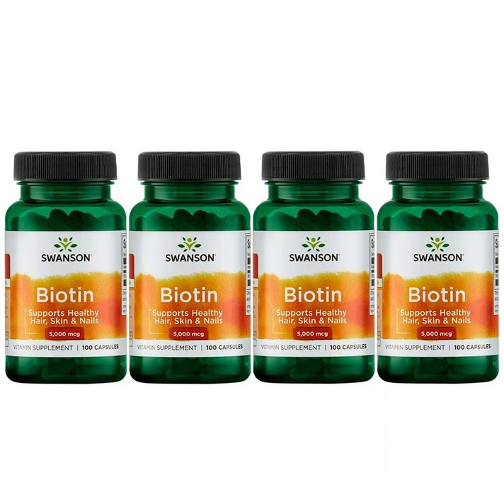 Swanson 스완슨 비오틴 Biotin 헤어 스킨 네일영양제 5000mcg 100캡슐 4팩, 100개입, 4개
