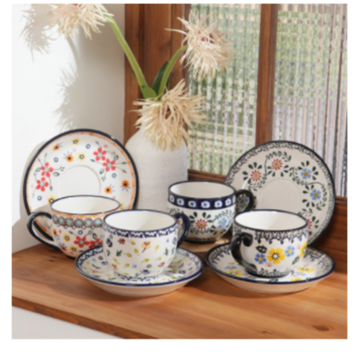 메종오브제 프라카 원형 커피잔 소서 4인조 세트, 플라워가든, 믹스플라워, 메리골드, 아이리스, 1세트