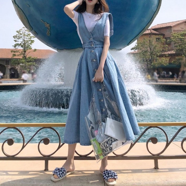 대박난박양 데님 버튼 서스펜더 민소매 원피스