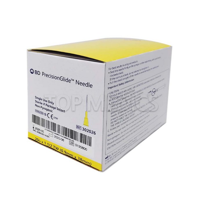 BD 주사침 20G 1-1/2 인치 멸균 일회용 주사바늘 100개입 여드름, 1개