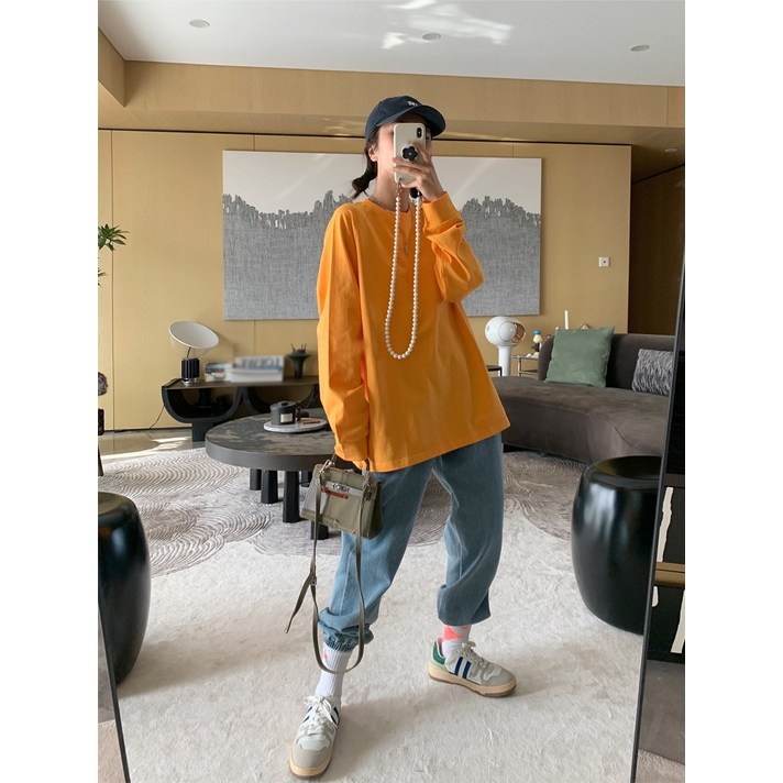 디스코 YOKIDAN 여성의류 하프기장 봄가을 얇은 오버핏 라운드넥 풀오버