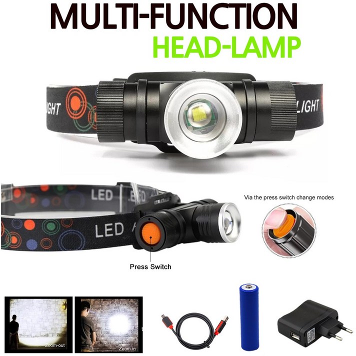 T6 줌 LED 충전식 랜턴 헤드랜턴 DJD77 아답터 18650 포함