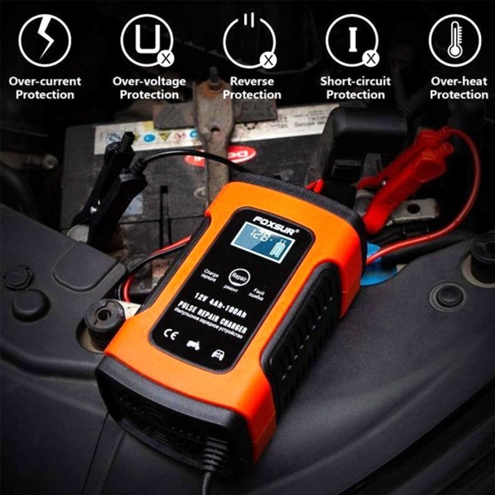 KDsafe 과열 방지 자동차 배터리 충전기 LCD 12V 24V, FOXSUR 만능 충전기-일반형