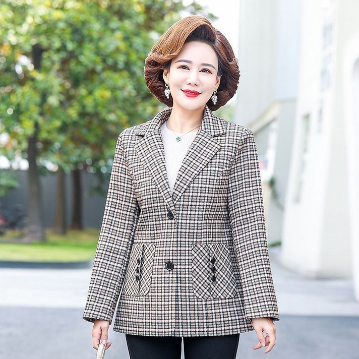 COSYEVNO 중년 엄마 정장 자켓 봄 가을 패션 체크 빅사이즈 루즈핏 긴팔 얇은 코트 4050대 엄마옷 lyjmmxzjk06